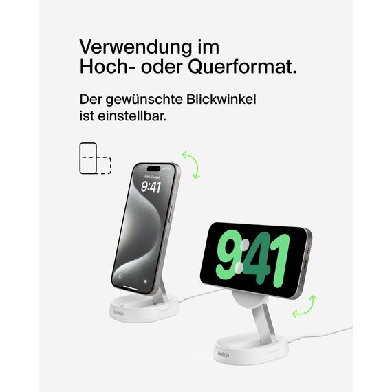 Belkin BoostCharge Pro induktive Ladestation 15W, Qi2-Ladegerät, kabelloses Ladegerät, kompatibel mit MagSafe, kabelloses Qi2-Ladestation für Apple iPhone 16/15/14/13/12, inkl. 20-W-Netzteil – Weiß