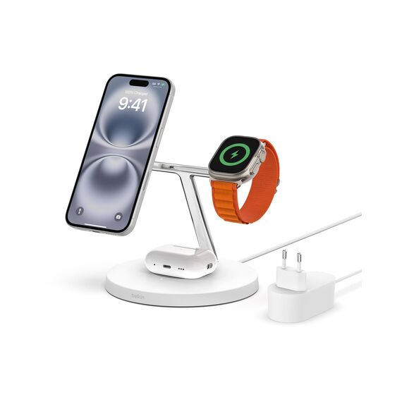 Belkin MagSafe 3-in-1-Wireless-Ladegerät, MagSafe-Ladestation 15 W Schnellladung für iPhone und AppleWatch, Lade-AirPods-Ladestation für iPhone 16, 15, 14, 13, Apple Watch, AirPods