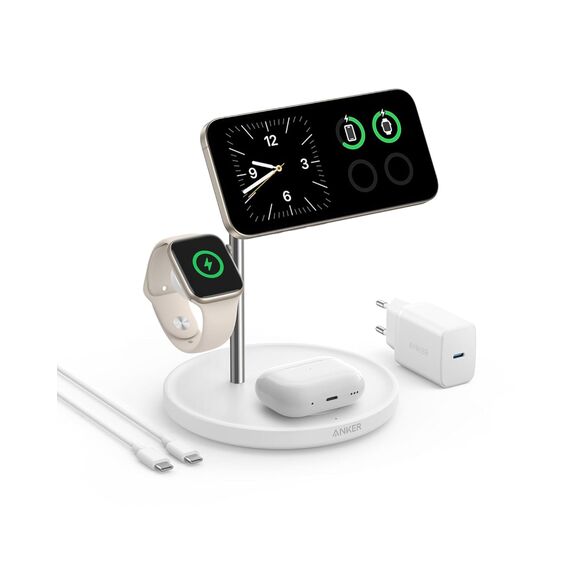 Anker MagGo 3-in-1 Kabellose Ladestation, 15W kabelloser Ladeständer, MagSafe-kompatibel, Qi2-zertifiziert, für iPhone 16/15/14/13 Serie, AirPods Pro, Apple Watch Ultra (Mit USB-C Netzteil und Kabel)