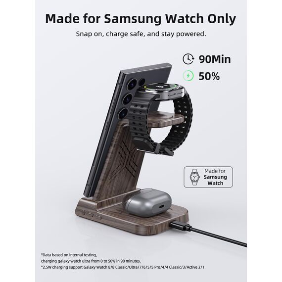 Wireless Charger für Samsung Ladestation für Galaxy S25 Ultra, Induktive Ladestation für Samsung Galaxy Watch Ultra/8/7/6, Kabelloses Ladegerät für Galaxy S24 Z Fold 6/Z Flip 6, Galaxy Buds
