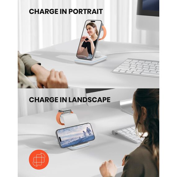 GEEKERA Wireless Charger, 3 in 1 Induktive Ladestation für iPhone Air/17/16/15/14/13/12/11/Pro Max, Ladestation für Apple Watch Ultra 3-1/11-2/SE, Kabelloses Ladegerät für AirPods Pro 3-2/4-2, Weiß