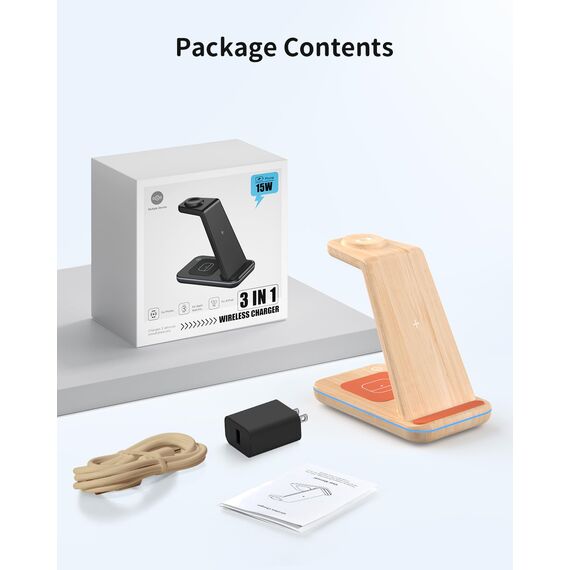 GEEKERA Wireless Charger, 3 in 1 Induktive Ladestation für iPhone Air/17/16/15/14/13/12/11/Pro Max, Ladestation für Apple Watch Ultra 3-1/11-2/SE, Kabelloses Ladegerät für AirPods Pro 3-2/4-2, Bambus