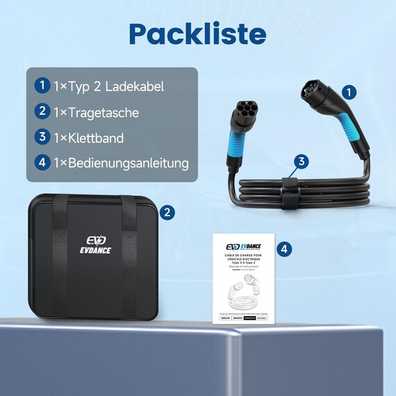 EVDANCE Typ 2 Ladekabel, 11kW / 16A / 3-Phasig / 10m / Modus 3, Elektroauto Typ 2 auf Typ 2 EV Ladekabel für EV/PHEV, mit Tragetasche