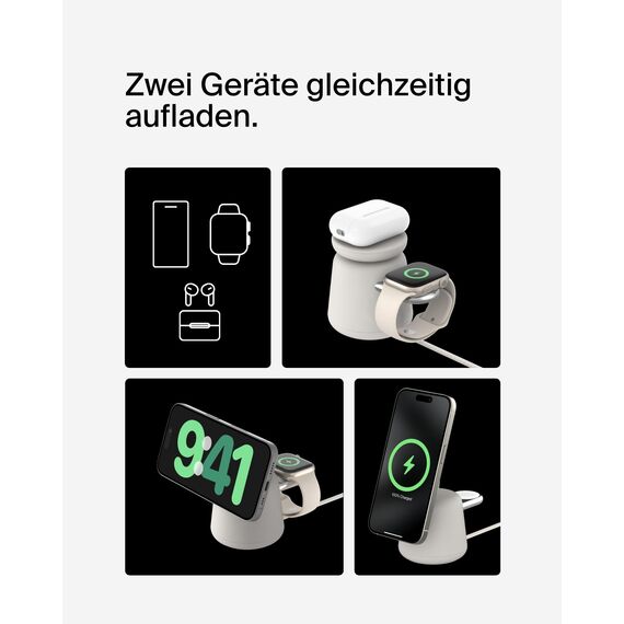 Belkin BoostCharge Pro Kabellose 2-in-1-Ladestation mit Qi2, 15W, MagSafe-Kompatibles Ladegerät für iPhone 17, Air, Pixelsnap, Apple Watch, AirPods, andere Qi2-Geräte, inklusive Netzteil – Sandfarben