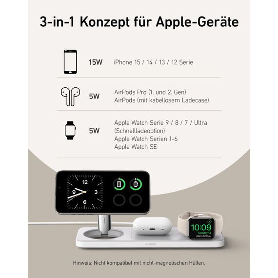 Anker MagGo Faltbare 3-in-1 Kabellose Ladestation, Qi2-zertifiziertes ultraschnelles 15W kabelloses Ladegerät für iPhone 17/16/15/14/13/12, AirPods Pro, Apple Watch Ultra (Mit USB-C Ladegerät + Kabel)