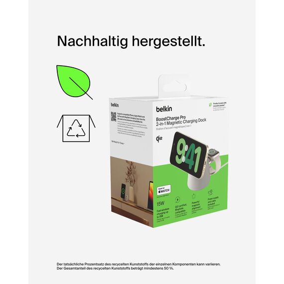 Belkin BoostCharge Pro Kabellose 2-in-1-Ladestation mit Qi2, 15W, MagSafe-Kompatibles Ladegerät für iPhone 17, Air, Pixelsnap, Apple Watch, AirPods, andere Qi2-Geräte, inklusive Netzteil – Sandfarben