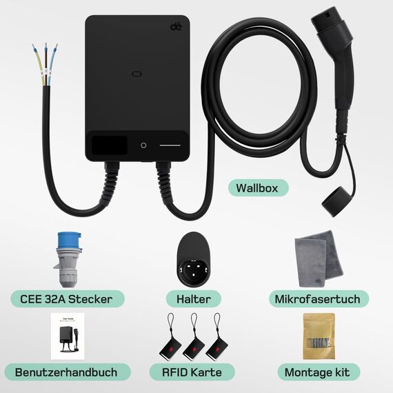 dé Wallbox 7kW APP [6-32A, 1-Phase] Elektrofahrzeug-Ladestation mit 10m Typ 2 Ladekabel, RFID und Steckerhalterung, Ladestation mit RCD Typ-B & IP54 Schutz für E-208 & andere BEV/PHEV