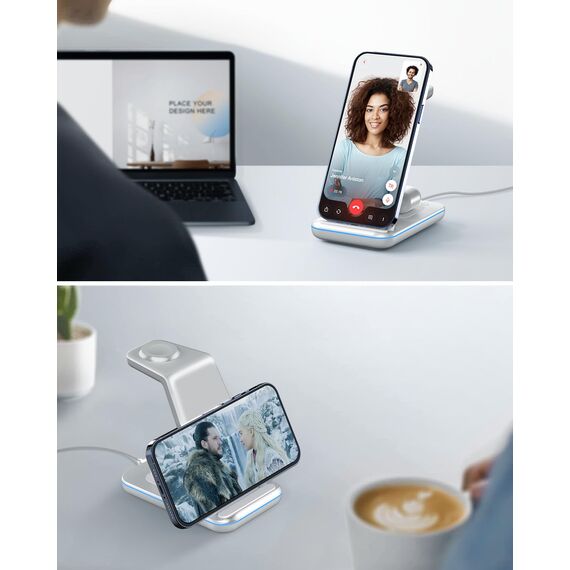 GEEKERA Wireless Charger, 3 in 1 Induktive Ladestation für iPhone Air/17/16/15/14/13/12/11/Pro Max, Ladestation für Apple Watch Ultra 3-1/11-2/SE, Kabelloses Ladegerät für AirPods Pro 3-2/4-2, Silber