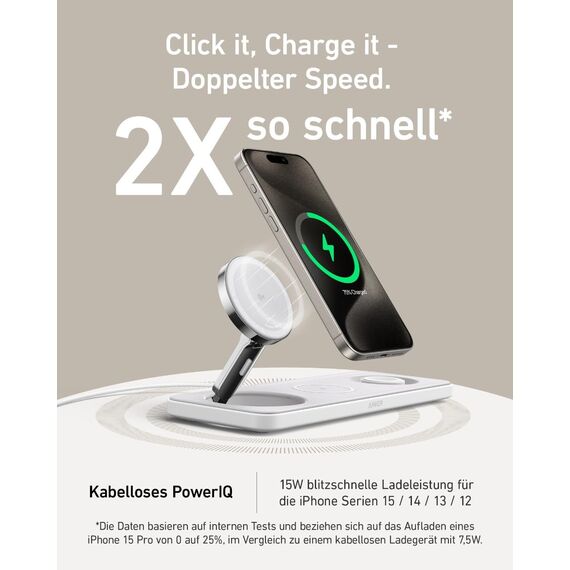 Anker MagGo Faltbare 3-in-1 Kabellose Ladestation, Qi2-zertifiziertes ultraschnelles 15W kabelloses Ladegerät für iPhone 17/16/15/14/13/12, AirPods Pro, Apple Watch Ultra (Mit USB-C Ladegerät + Kabel)