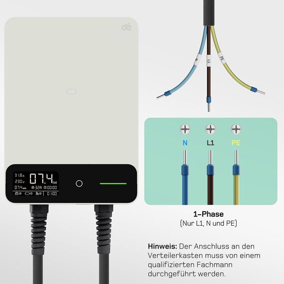 dé Wallbox 7,4kW mit App [6–32A, 1-phasig] mit Typ-2-Kabel 7,5 m, RFID & Halter, mit FI Typ B & IP54 – Ladestation für Model Y & andere BEV/PHEV, Weiß