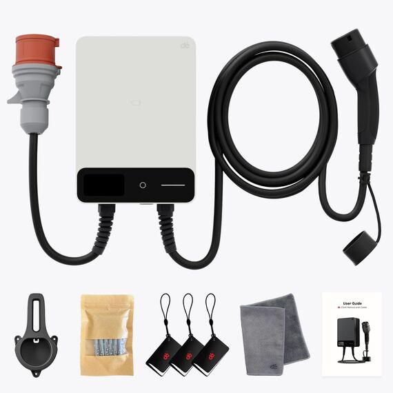 dé Wallbox 22kW mit App und Stromzähler & 7,5m Typ 2 Ladekabel, 3-Phasen EV-Ladegerät (6-32A, 400V), für BEV/PHEV, RCD Typ-B & IP54-Schutz, effiziente Ladestation für Zuhause, weiß