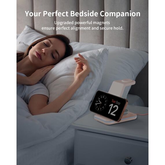 GEEKERA Wireless Charger, 3 in 1 Induktive Ladestation für iPhone Air/17/16/15/14/13/12/11/Pro Max, Ladestation für Apple Watch Ultra 3-1/11-2/SE, Kabelloses Ladegerät für AirPods Pro 3-2/4-2, Rosa