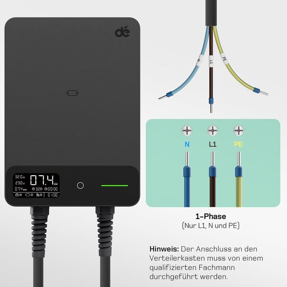 dé Wallbox 7kW APP [6-32A, 1-Phase] Elektrofahrzeug-Ladestation mit 10m Typ 2 Ladekabel, RFID und Steckerhalterung, Ladestation mit RCD Typ-B & IP54 Schutz für E-208 & andere BEV/PHEV