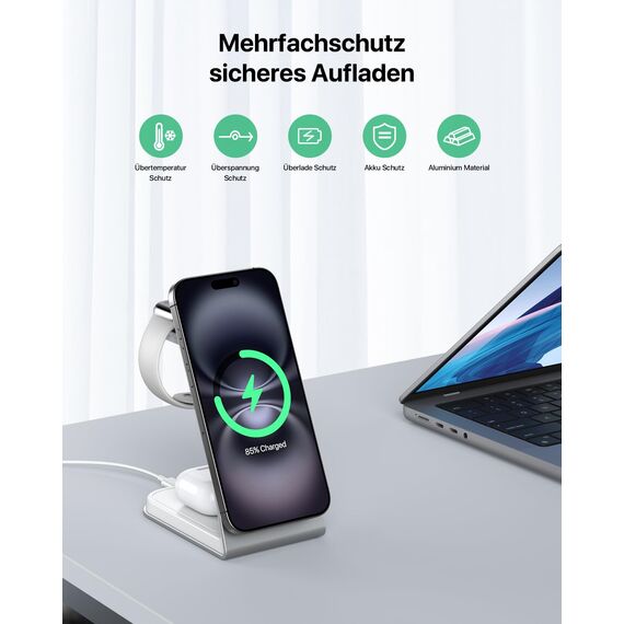 Mag-Safe Ladestation 3 IN 1, Ladegerät kompatibel mit App1e Watch und iPh0ne, Induktive Ladestation auch geeignet für Airp0ds Pro 3 2, Kabelloses Ladegerät für iPh0ne 16 15 14 13 12 Serie(Silber)