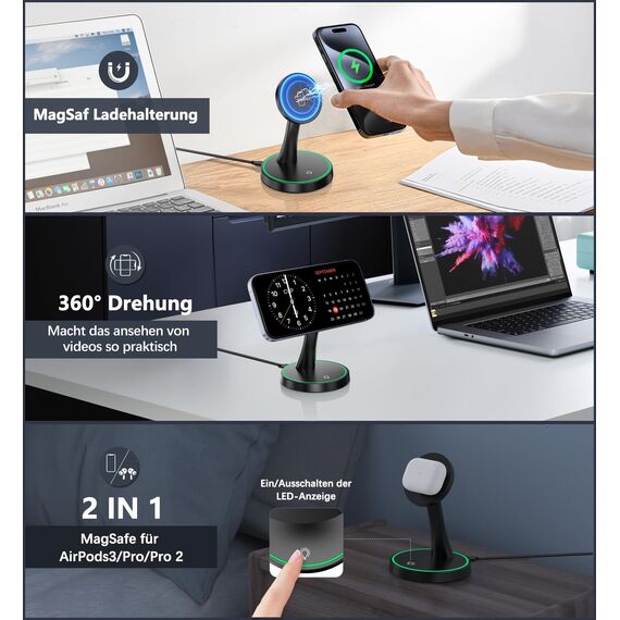 Induktive Ladestation Kompatibel mit Mag Safe Ladegerät,OANDYS 2 in 1 15W Schnelles iPhone Ladestation für iPhone 17/16/15/14/13/12Serie und für AirPods,Wireless Charger mit schlaffreundlichem Licht