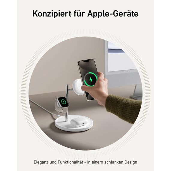 Anker MagGo 3-in-1 Kabellose Ladestation, 15W kabelloser Ladeständer, MagSafe-kompatibel, Qi2-zertifiziert, für iPhone 16/15/14/13 Serie, AirPods Pro, Apple Watch Ultra (Mit USB-C Netzteil und Kabel)