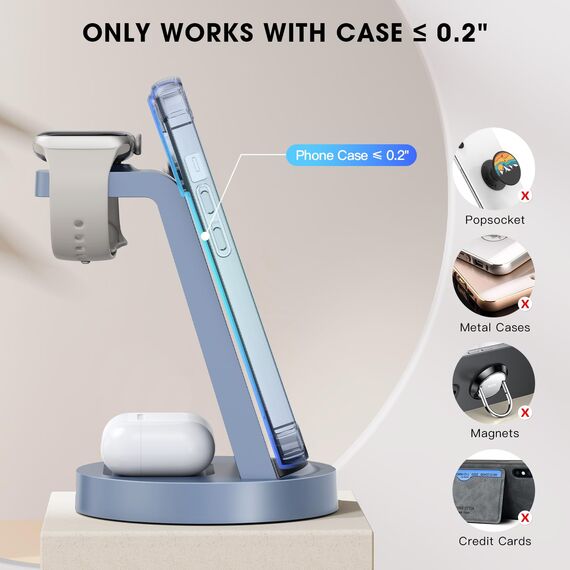 3 in 1 für iPhone Ladestation Schnelles Kabelloses Ladegerät - Wireless Charger für iPhone 17 Air 16e 16 15 14 13 12 11 X Pro Max & für Apple Watch und für Air Pods 4 3 2 Pro mit 18W Adapter (Blau)