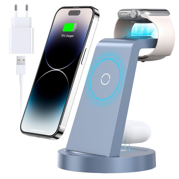 3 in 1 für iPhone Ladestation Schnelles Kabelloses Ladegerät - Wireless Charger für iPhone 17 Air 16e 16 15 14 13 12 11 X Pro Max & für Apple Watch und für Air Pods 4 3 2 Pro mit 18W Adapter (Blau)