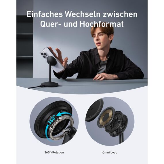 Anker MagGo kabellose Ladestation, 15W Qi2 für MagSafe, Ständer mit USB-C Kabel, Magnetisches Ladegerät für iPhone 17/16/15/14, AirPods (ohne Netzteil)