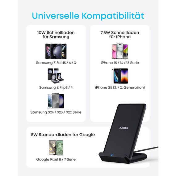 Anker 313 Induktive Ladestation, Qi-Zertifiziert, Geeignet für iPhone 17/16/15/15 Pro/15 Pro Max, SE (2020), XR,10W Schnellladefunktion für Galaxy S22 (Ohne Netzteil)