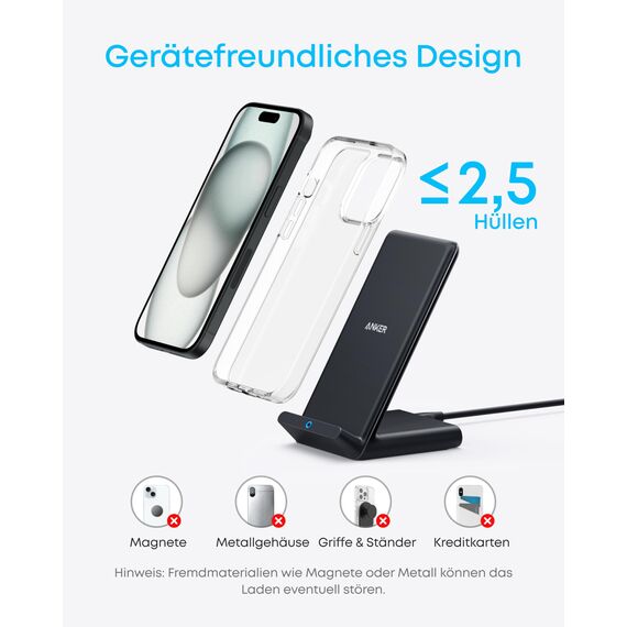 Anker 313 Induktive Ladestation, Qi-Zertifiziert, Geeignet für iPhone 17/16/15/15 Pro/15 Pro Max, SE (2020), XR,10W Schnellladefunktion für Galaxy S22 (Ohne Netzteil)