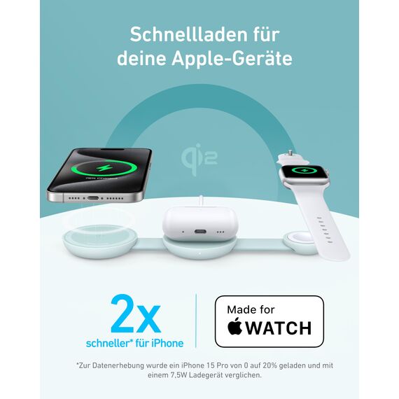 Anker MagGo 3-in-1 Kabellose Ladestation (mit EU/US/UK Stecker), MagSafe-Kompatibles Qi2-Zertifiziertes 15W Ladegerät, Faltbares Reise-Ladepad für iPhone 17/16, AirPods, Apple Watch (Keine Powerbank)