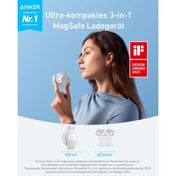 Anker MagGo 3-in-1 Kabellose Ladestation (mit EU/US/UK Stecker), MagSafe-Kompatibles Qi2-Zertifiziertes 15W Ladegerät, Faltbares Reise-Ladepad für iPhone 17/16, AirPods, Apple Watch (Keine Powerbank)