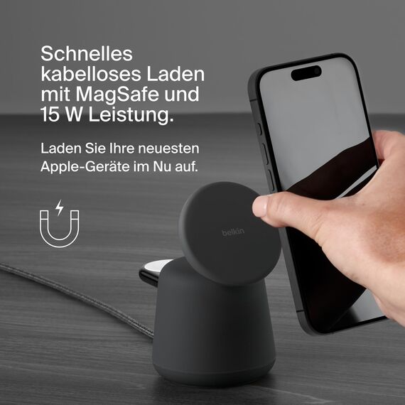 Belkin BoostCharge Pro kabellose 2-in-1-Ladestation mit MagSafe (15 W) Ladegerät kompatibel mit iPhone der Serien 17, Air, 16, 15, 14, Pixelsnap, AirPods und Anderen MagSafe-fähigen Geräten