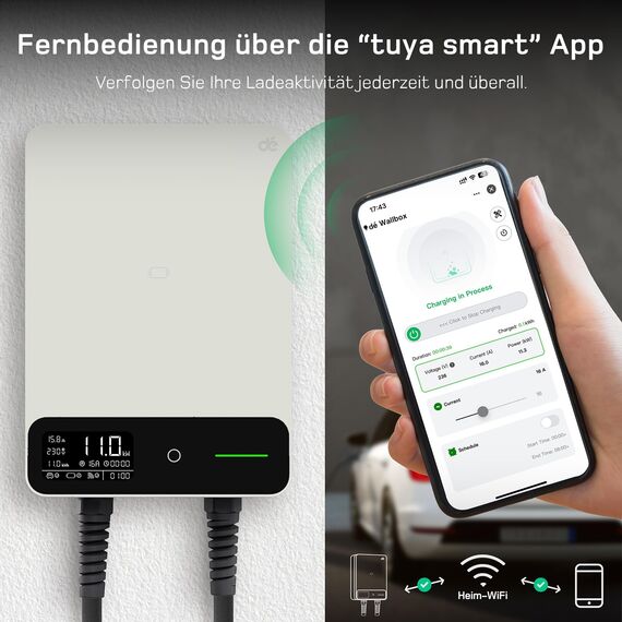 dé Wallbox 11kW mit APP, 7,5m Typ 2 Ladekabel mit Kabelhalter, 3-Phasen EV-Ladegerät (6-16A, 400V), für BEV/PHEV, RCD Typ-B & IP54-Schutz, effiziente Ladestation für Zuhause, weiß