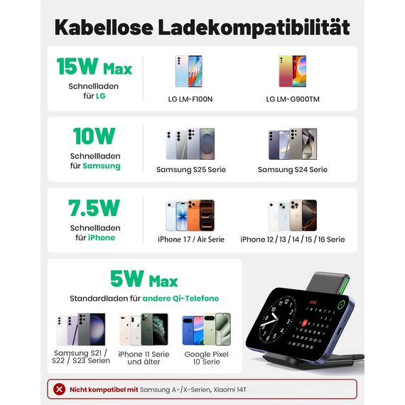 INIU Wireless Charger Stand, 15W Induktive Ladestation Schnelles Kabelloses Ladegerät Handy Ständer handyhalterung für iPhone 17 16 15 14 13 12 Pro Max Samsung Galaxy S23 S22 Google etc