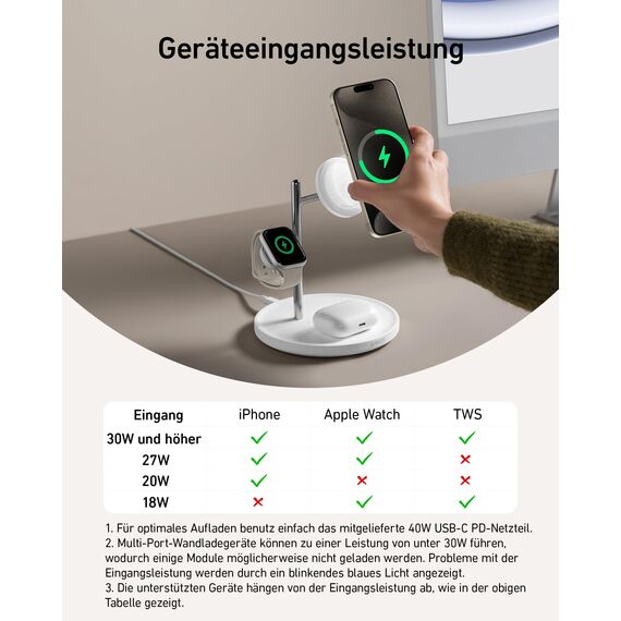 Anker MagGo 3-in-1 Kabellose Ladestation, 15W kabelloser Ladeständer, MagSafe-kompatibel, Qi2-zertifiziert, für iPhone 16/15/14/13 Serie, AirPods Pro, Apple Watch Ultra (Mit USB-C Netzteil und Kabel)