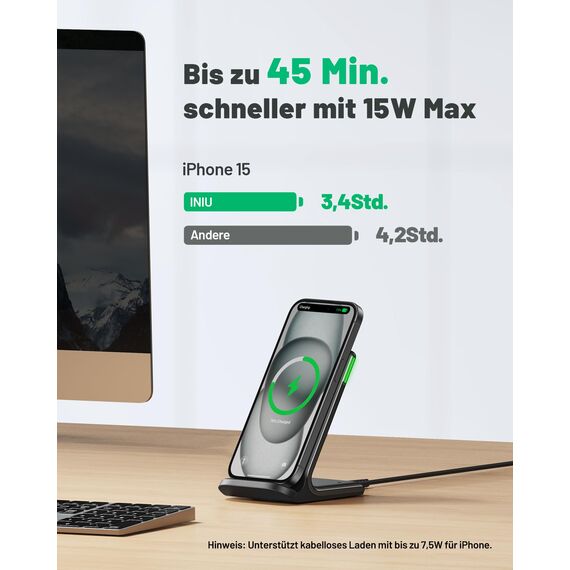 INIU Wireless Charger Stand, 15W Induktive Ladestation Schnelles Kabelloses Ladegerät Handy Ständer handyhalterung für iPhone 17 16 15 14 13 12 Pro Max Samsung Galaxy S23 S22 Google etc