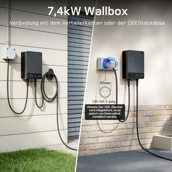 dé Wallbox 7kW APP [6-32A, 1-Phase] Elektrofahrzeug-Ladestation mit 7,5m Typ 2 Ladekabel, RFID und Steckerhalterung, Ladestation mit RCD Typ-B & IP54 Schutz für E-208 & andere BEV/PHEV