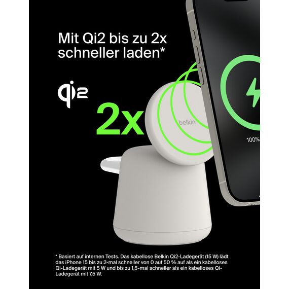 Belkin BoostCharge Pro Kabellose 2-in-1-Ladestation mit Qi2, 15W, MagSafe-Kompatibles Ladegerät für iPhone 17, Air, Pixelsnap, Apple Watch, AirPods, andere Qi2-Geräte, inklusive Netzteil – Sandfarben