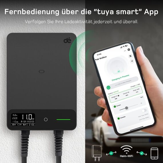 dé Wallbox 11kW mit APP, 7,5m Typ 2 Ladekabel mit Kabelhalter, 3-Phasen EV-Ladegerät (6-16A, 400V), für BEV/PHEV, RCD Typ-B & IP54-Schutz, effiziente Ladestation für Zuhause, Schwarz
