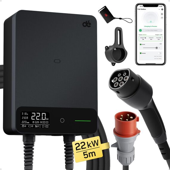 dé Wallbox 22kW mit App und Stromzähler & 5m Typ 2 Ladekabel, 3-Phasen EV-Ladegerät (6-32A, 400V), für BEV/PHEV, RCD Typ-B & IP54-Schutz, effiziente Ladestation für Zuhause, Schwarz