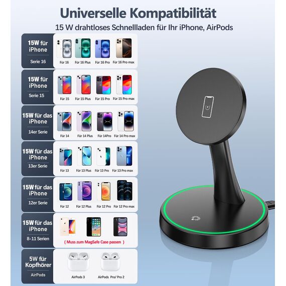 Induktive Ladestation Kompatibel mit Mag Safe Ladegerät,OANDYS 2 in 1 15W Schnelles iPhone Ladestation für iPhone 17/16/15/14/13/12Serie und für AirPods,Wireless Charger mit schlaffreundlichem Licht