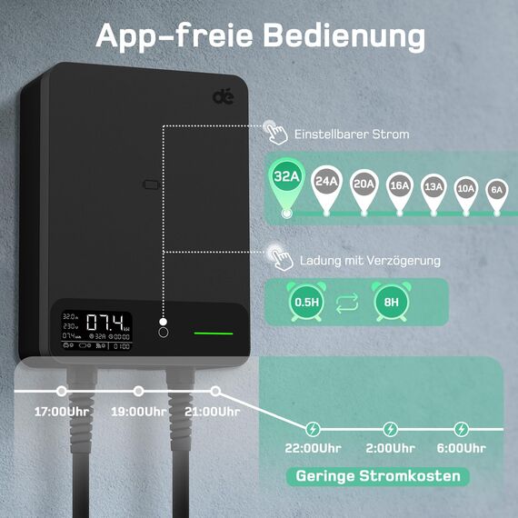dé Wallbox 7kW APP [6-32A, 1-Phase] Elektrofahrzeug-Ladestation mit 5m Typ 2 Ladekabel, RFID und Steckerhalterung, Ladestation mit RCD Typ-B & IP54 Schutz für E-208 & andere BEV/PHEV