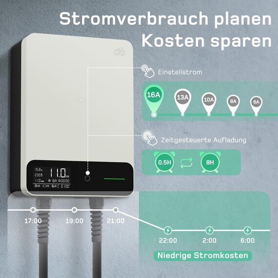 dé Wallbox 11kW mit APP, 7,5m Typ 2 Ladekabel mit Kabelhalter, 3-Phasen EV-Ladegerät (6-16A, 400V), für BEV/PHEV, RCD Typ-B & IP54-Schutz, effiziente Ladestation für Zuhause, weiß