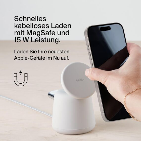 Belkin BoostCharge Pro kabellose 2-in-1-Ladestation mit MagSafe (15 W) Ladegerät, kompatibel mit iPhone der Serien 17, Air, 16, 15, 14, Pixelsnap, AirPods und Anderen MagSafe-fähigen Geräten
