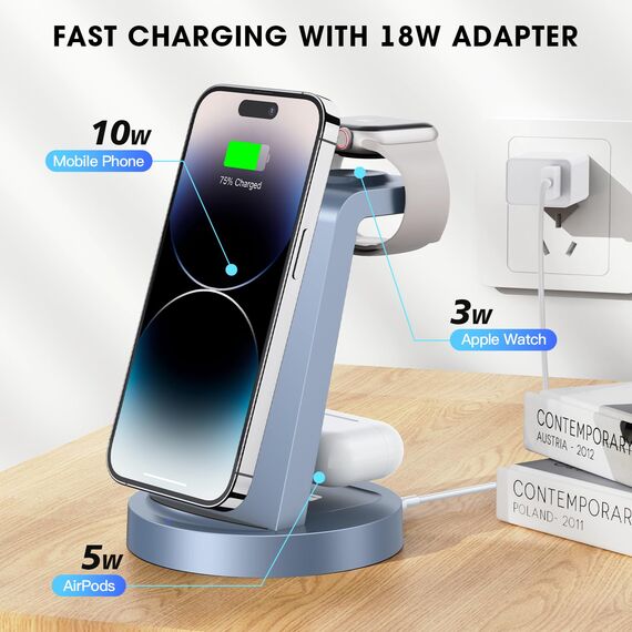 3 in 1 für iPhone Ladestation Schnelles Kabelloses Ladegerät - Wireless Charger für iPhone 17 Air 16e 16 15 14 13 12 11 X Pro Max & für Apple Watch und für Air Pods 4 3 2 Pro mit 18W Adapter (Blau)