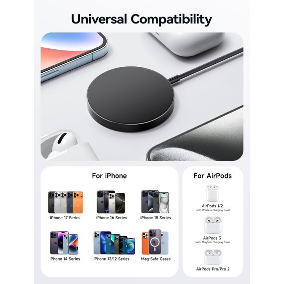 JSAUX 2-Pack Mag-Safe Ladegerät Magnetisches Kabelloses Wireless Charger Pad Induktive Kompatibel mit MagSafe Ladegerät iPhone 17 Air Pro Max/iPhone 16/15/14 13 12 Serie, AirPods 3/2 Schwarz