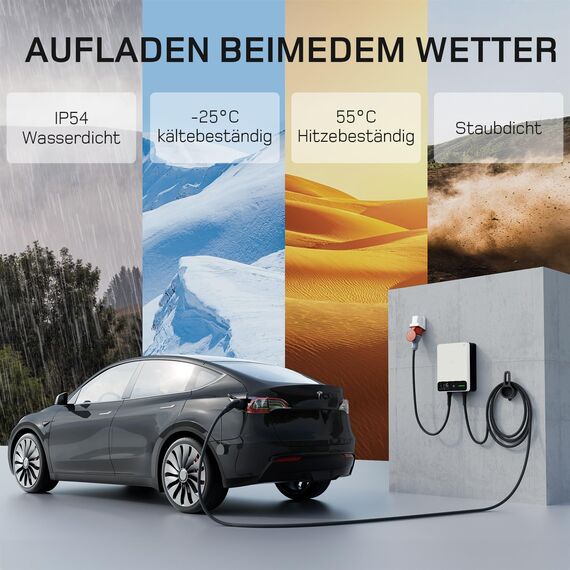 dé Wallbox 11kW mit APP, 7,5m Typ 2 Ladekabel mit Kabelhalter, 3-Phasen EV-Ladegerät (6-16A, 400V), für BEV/PHEV, RCD Typ-B & IP54-Schutz, effiziente Ladestation für Zuhause, weiß