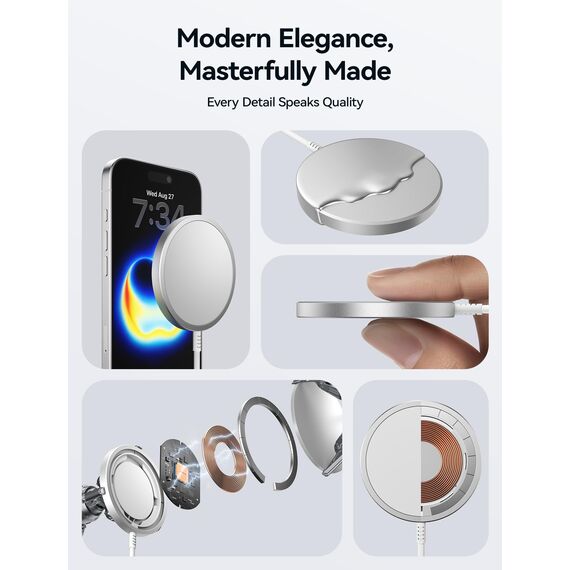 JSAUX 15W Mag-Safe Ladegerät Magnetisches Kabelloses Wireless Charger Pad Induktive Ladestation Kompatibel für MagSafe Ladegerät iPhone 16/16 Pro Max 15/15 Pro/15 Pro Max 14 Plus/14 13 Airpods Silber
