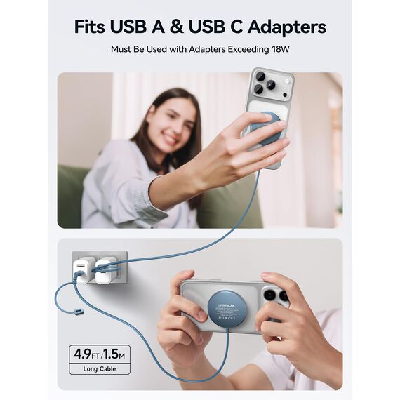 Mag-Safe Ladegerät 15W, JSAUX Wireless Charger Induktive Ladestation Kompatibel für MagSafe Ladegerät iPhone 17e/17 Air Pro Max/iPhone 16/15/14 13 12 Serie, AirPods 3/2, Kabelloses Ladegerät, Blau