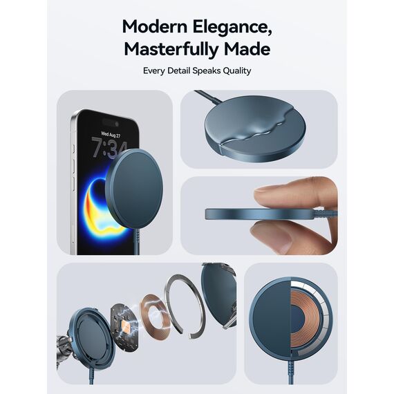 Mag-Safe Ladegerät 15W, JSAUX Wireless Charger Induktive Ladestation Kompatibel für MagSafe Ladegerät iPhone 17e/17 Air Pro Max/iPhone 16/15/14 13 12 Serie, AirPods 3/2, Kabelloses Ladegerät, Blau