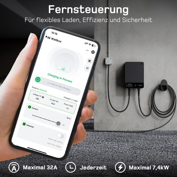 dé Wallbox 7kW APP [6-32A, 1-Phase] Elektrofahrzeug-Ladestation mit 10m Typ 2 Ladekabel, RFID und Steckerhalterung, Ladestation mit RCD Typ-B & IP54 Schutz für E-208 & andere BEV/PHEV