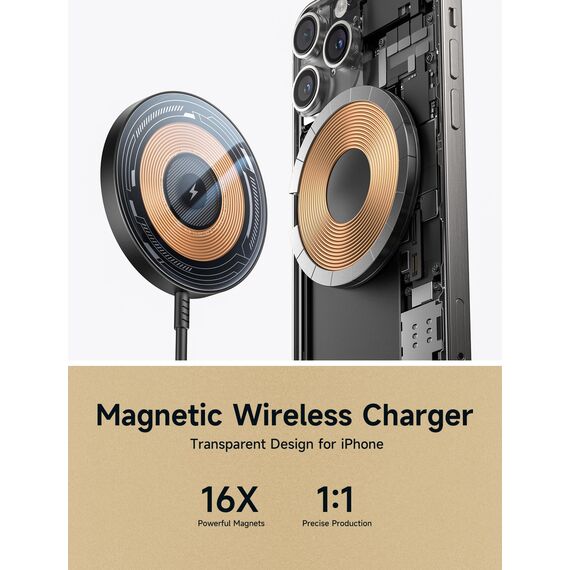 JSAUX Mag-Safe Magnetisches kabelloses Ladegerät, 15 W, kompatibel mit MagSafe Ladegerät iPhone 15/15 Pro/15 Pro Max 14 13 12 Airpods Transparent