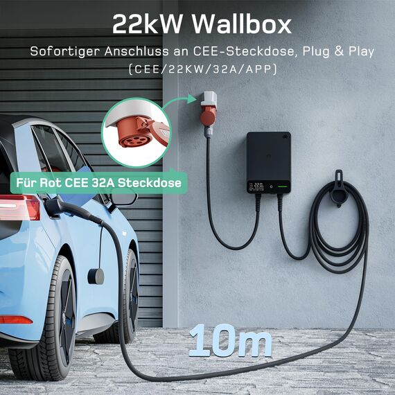 dé Wallbox 22kW mit App und Stromzähler & 10m Typ 2 Ladekabel, 3-Phasen EV-Ladegerät (6-32A, 400V), für BEV/PHEV, RCD Typ-B & IP54-Schutz, effiziente Ladestation für Zuhause, Schwarz