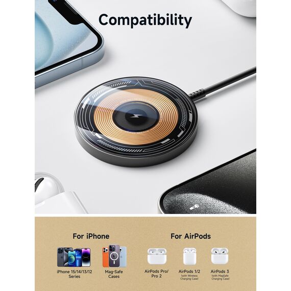 JSAUX Mag-Safe Magnetisches kabelloses Ladegerät, 15 W, kompatibel mit MagSafe Ladegerät iPhone 15/15 Pro/15 Pro Max 14 13 12 Airpods Transparent